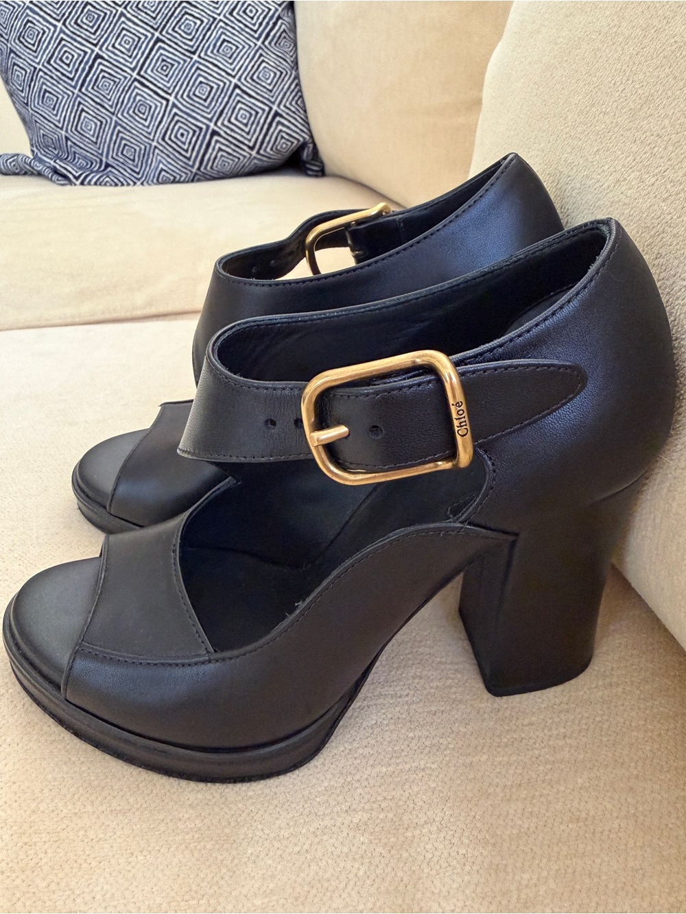 Chloe Black Leather Platform Mary Jane Pumps/Heels with Gold Buckle